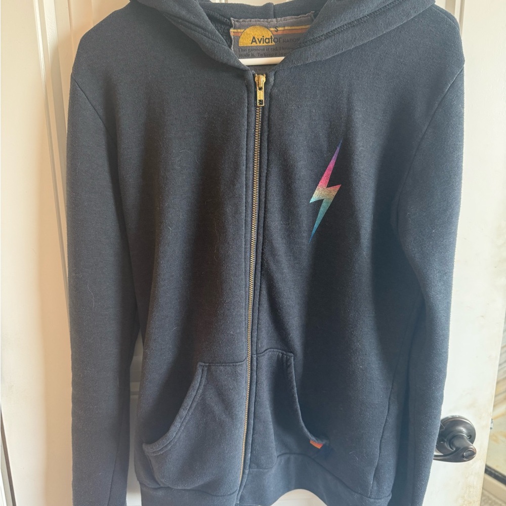 Aviator Nation Black Zip Hoodie with Rainbow Lightning Bolt-